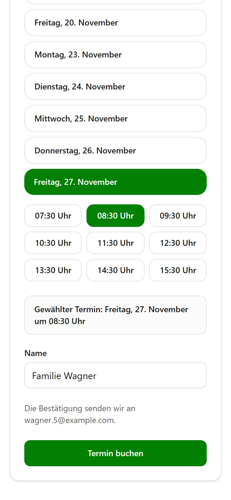 Öffentliche Buchungsseite mit freien Terminen