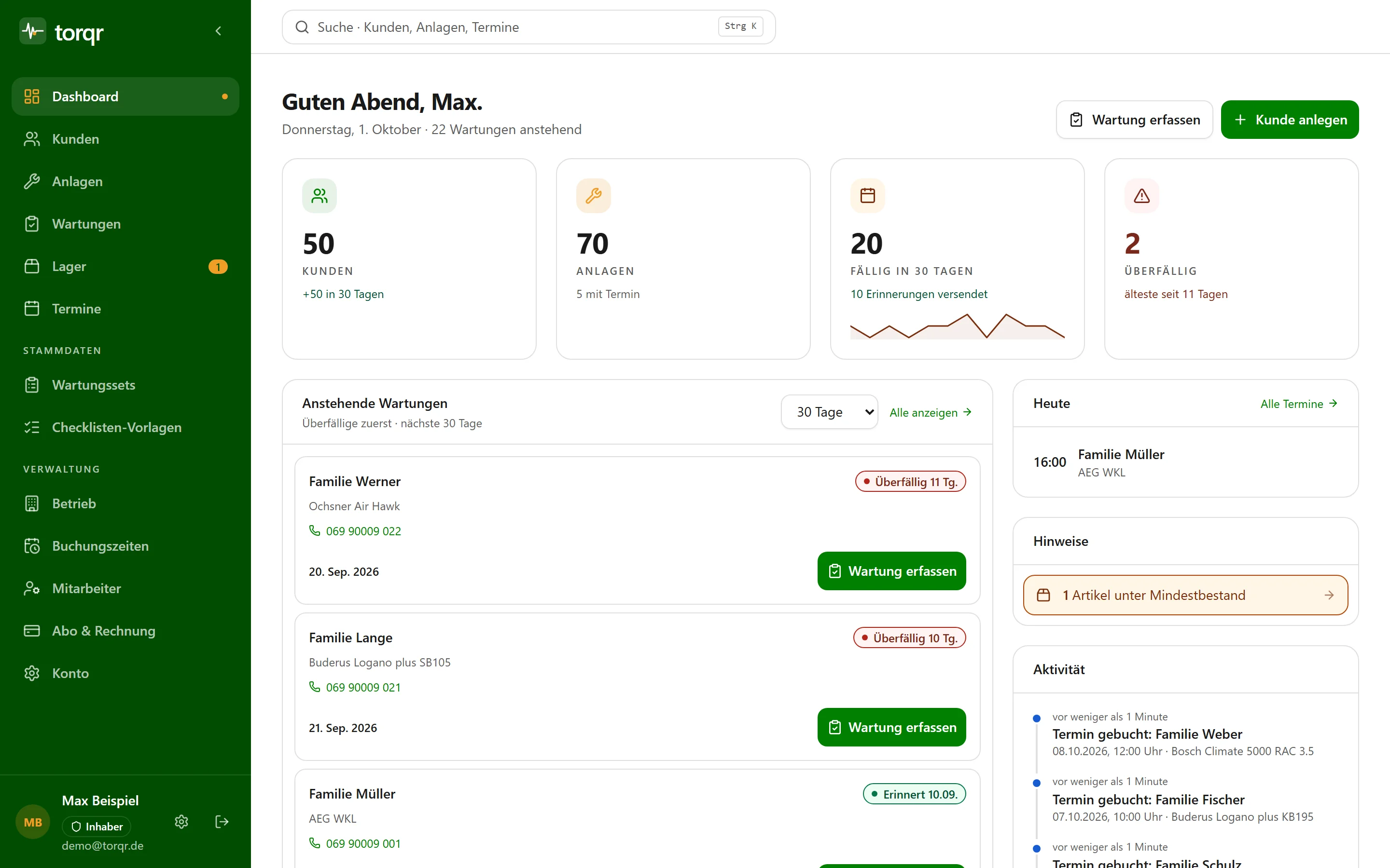 Torqr-Dashboard mit anstehenden Wartungen der nächsten 30 Tage