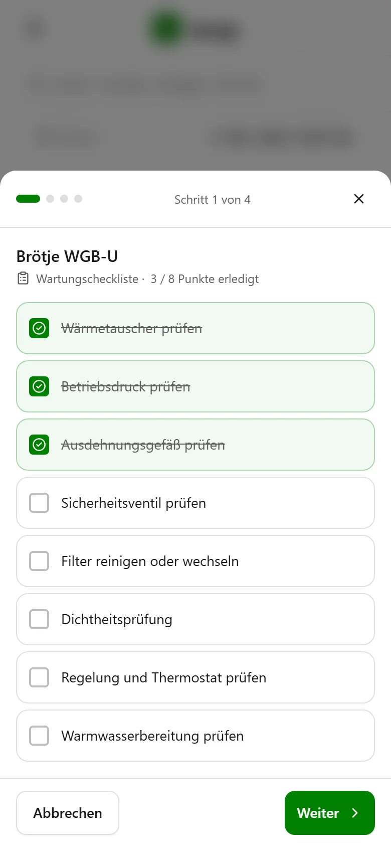 Wartungs-Checkliste, Schritt 1: Prüfpunkte