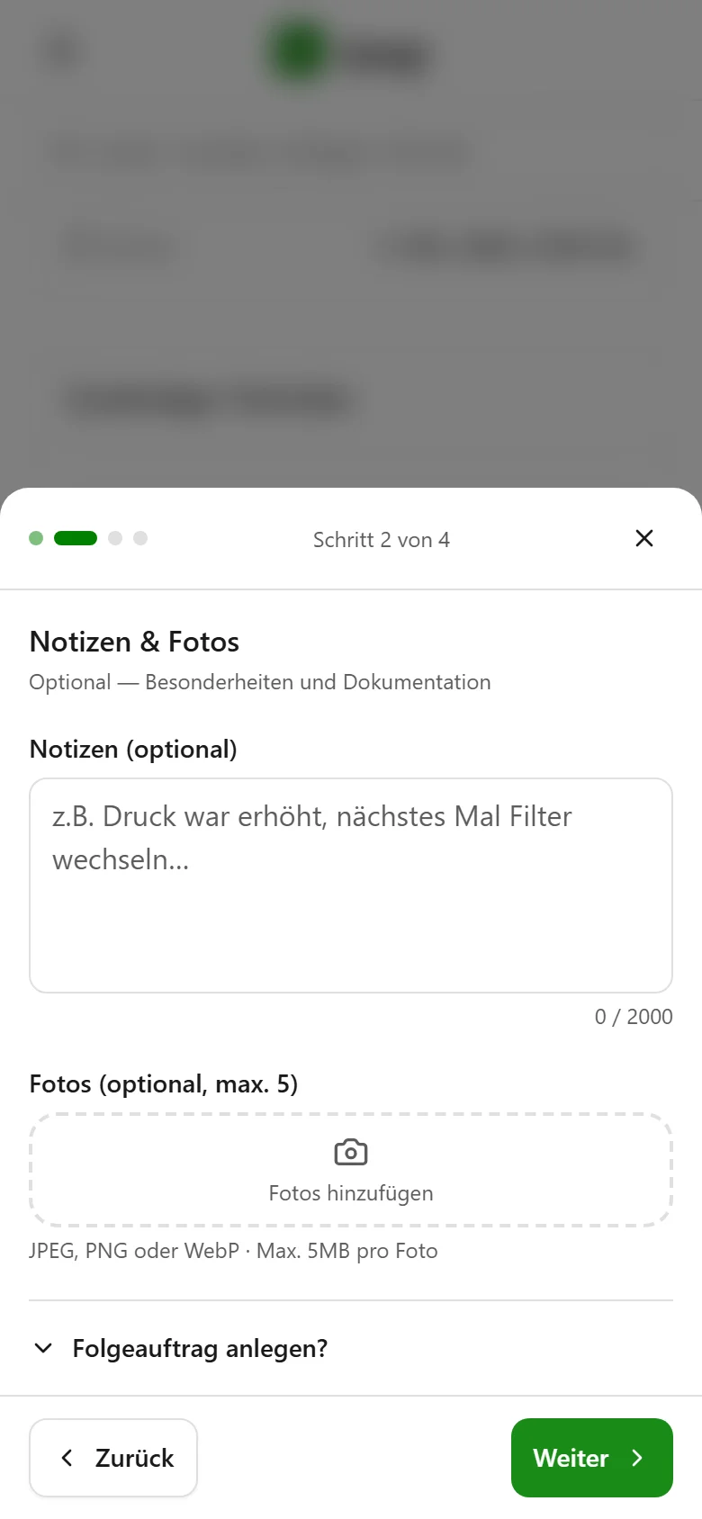 Wartungs-Checkliste am Smartphone, Schritt Fotos und Notizen