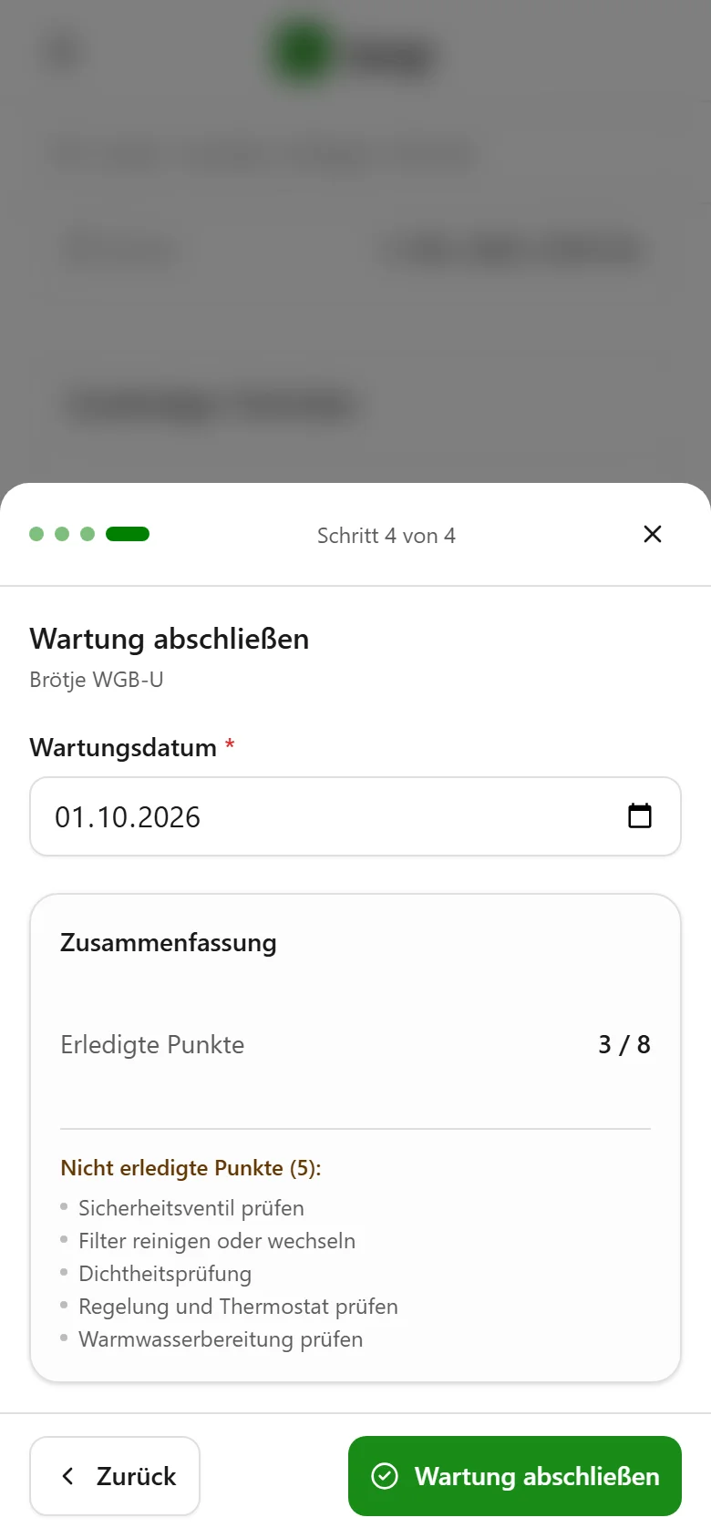 Wartungs-Checkliste, Schritt 4: Bestätigen